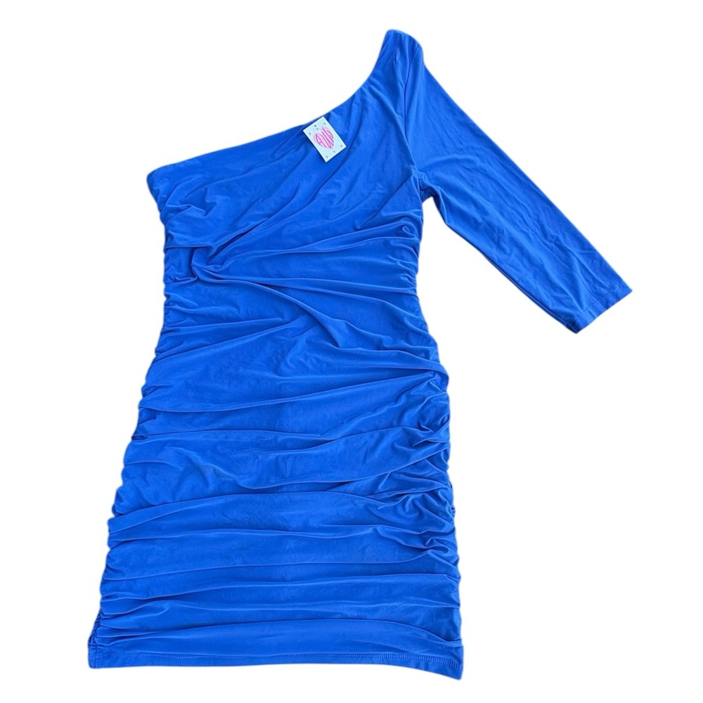 AUW Elegant Blue One-Shoulder Stretch Bodycon Dress, SIZE XL